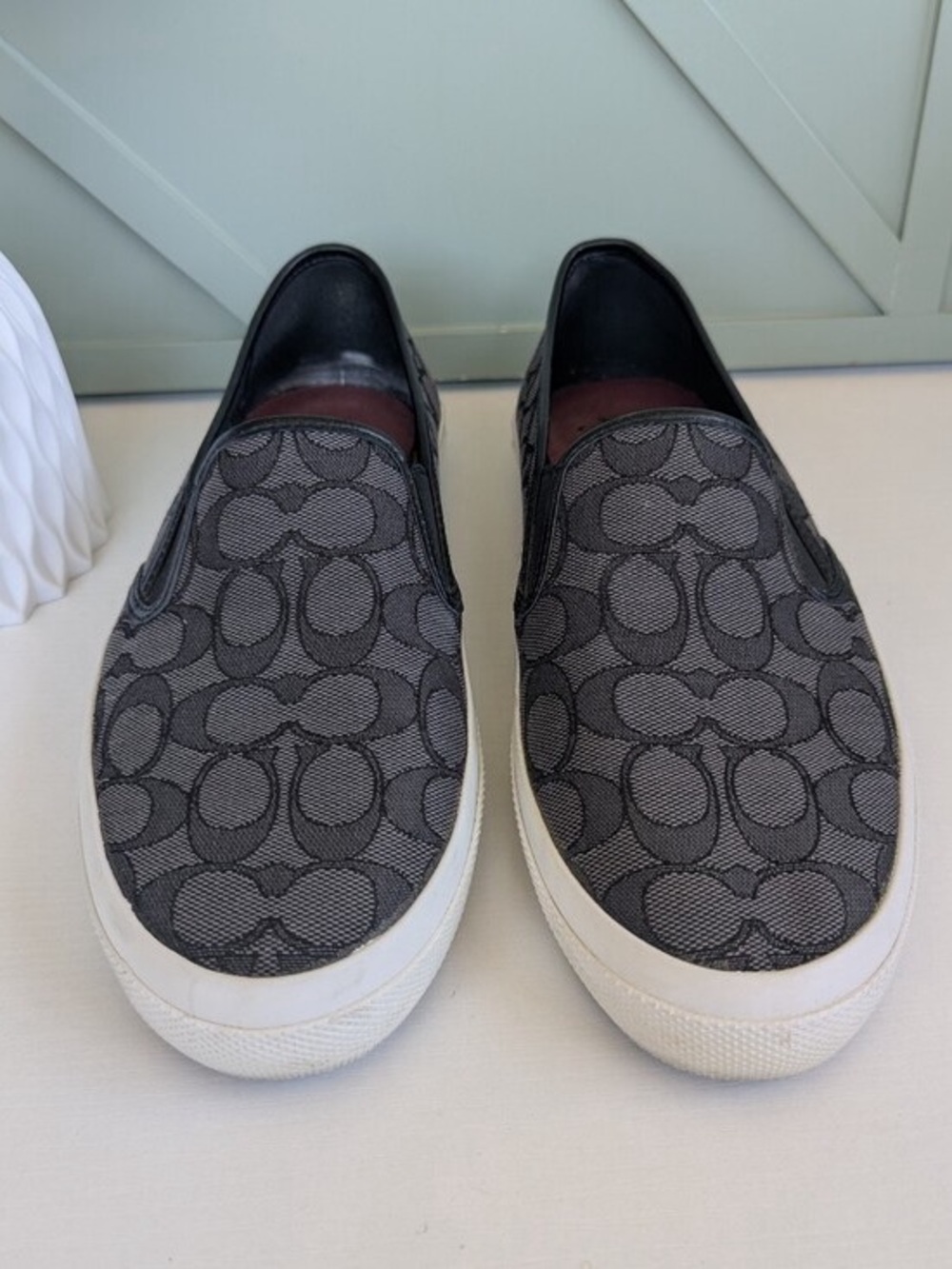 Coach Chrissy Signature Monogram Slip-On Sneakers Black Gray Size 8.5